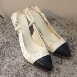 Charles & Keith Crochet Off-White Heels with Black Leather Tip